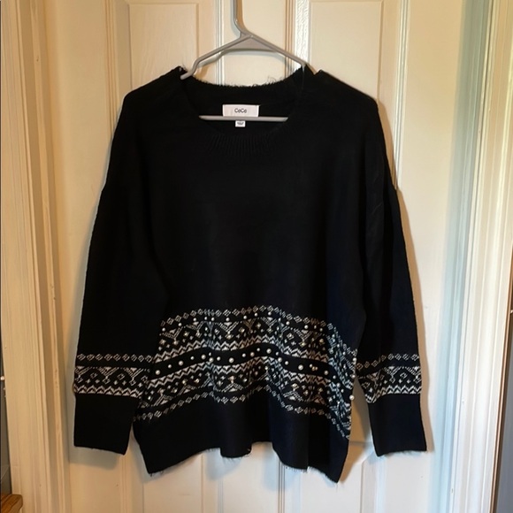 CeCe Black Crew Neck Sweater with Nordic Pattern - Picture 1 of 7